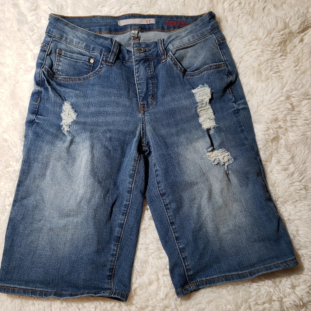 !it Jeans Bermuda Long Rider Denim Shorts Medium Wash Distressed